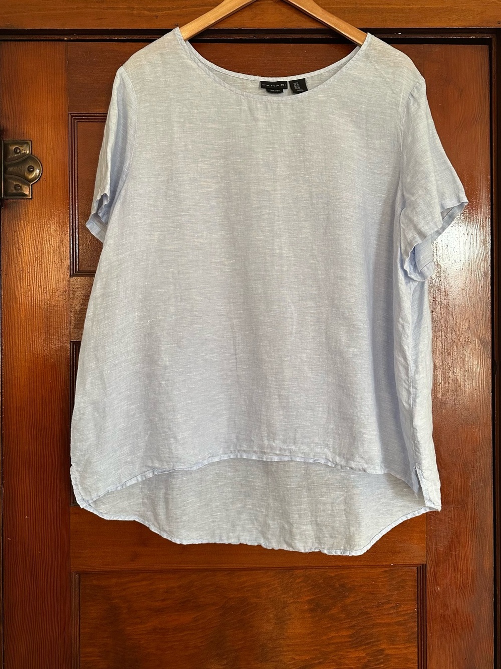 Tahari Blue Linen Round Neck Short Sleeve Shirt Top Sz 1X Nautical Beach Coastal